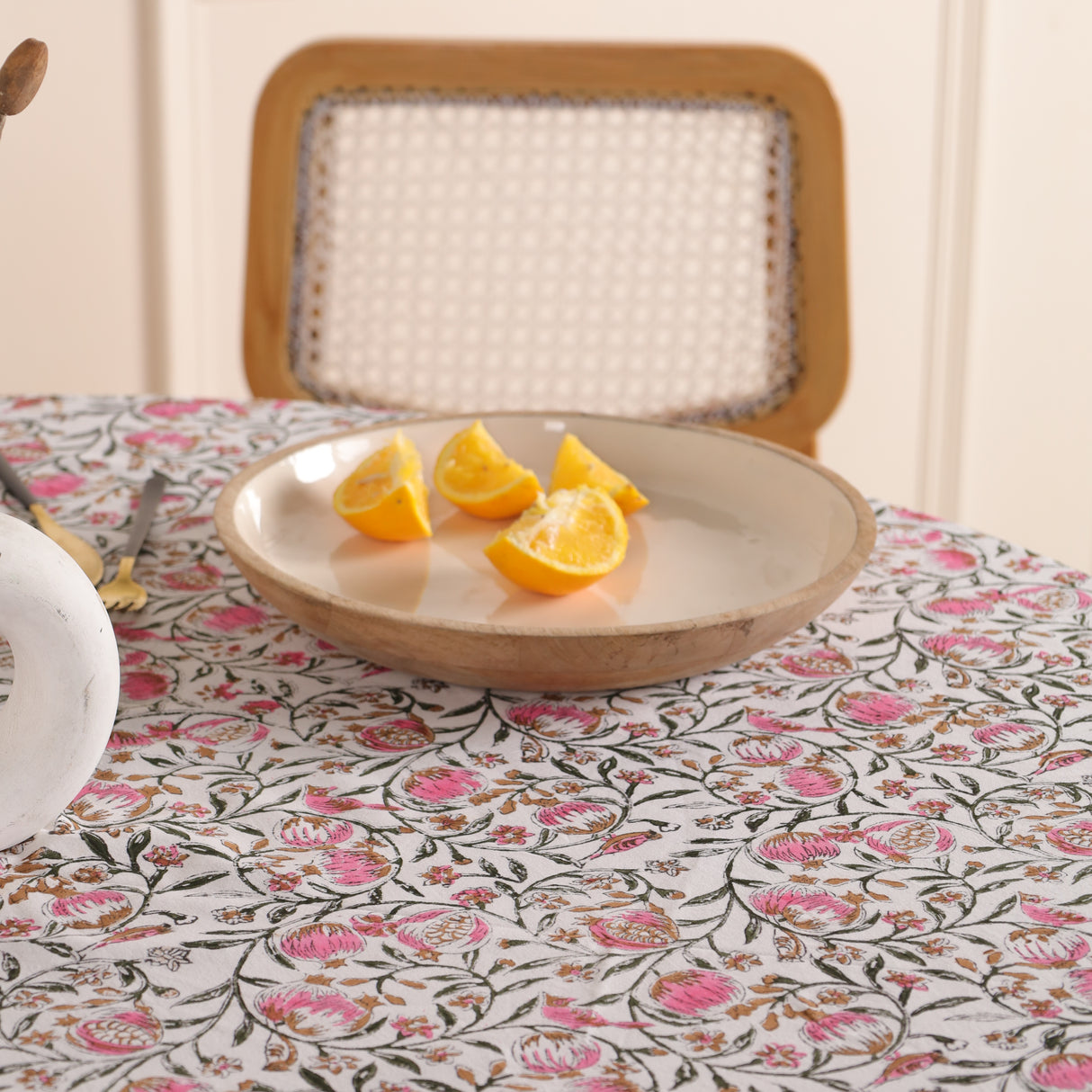 Runde Tischdecke Blockdruck Ranke Grün Rosa