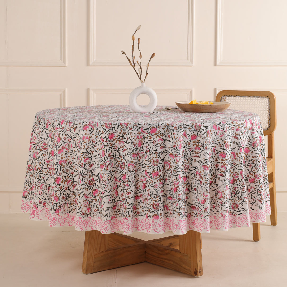 Runde Tischdecke Blockdruck Ranke Grün Rosa