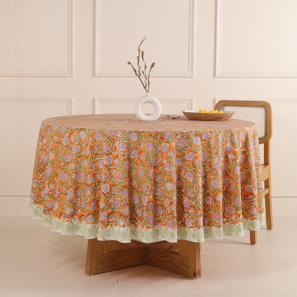 Runde Tischdecke Blockdruck Ranke Orange