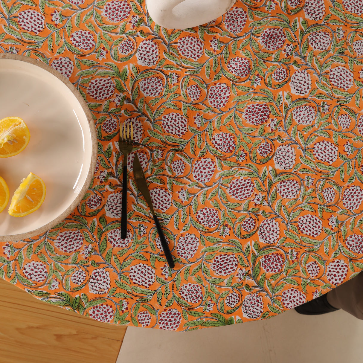 Runde Tischdecke Blockdruck Ranke Orange