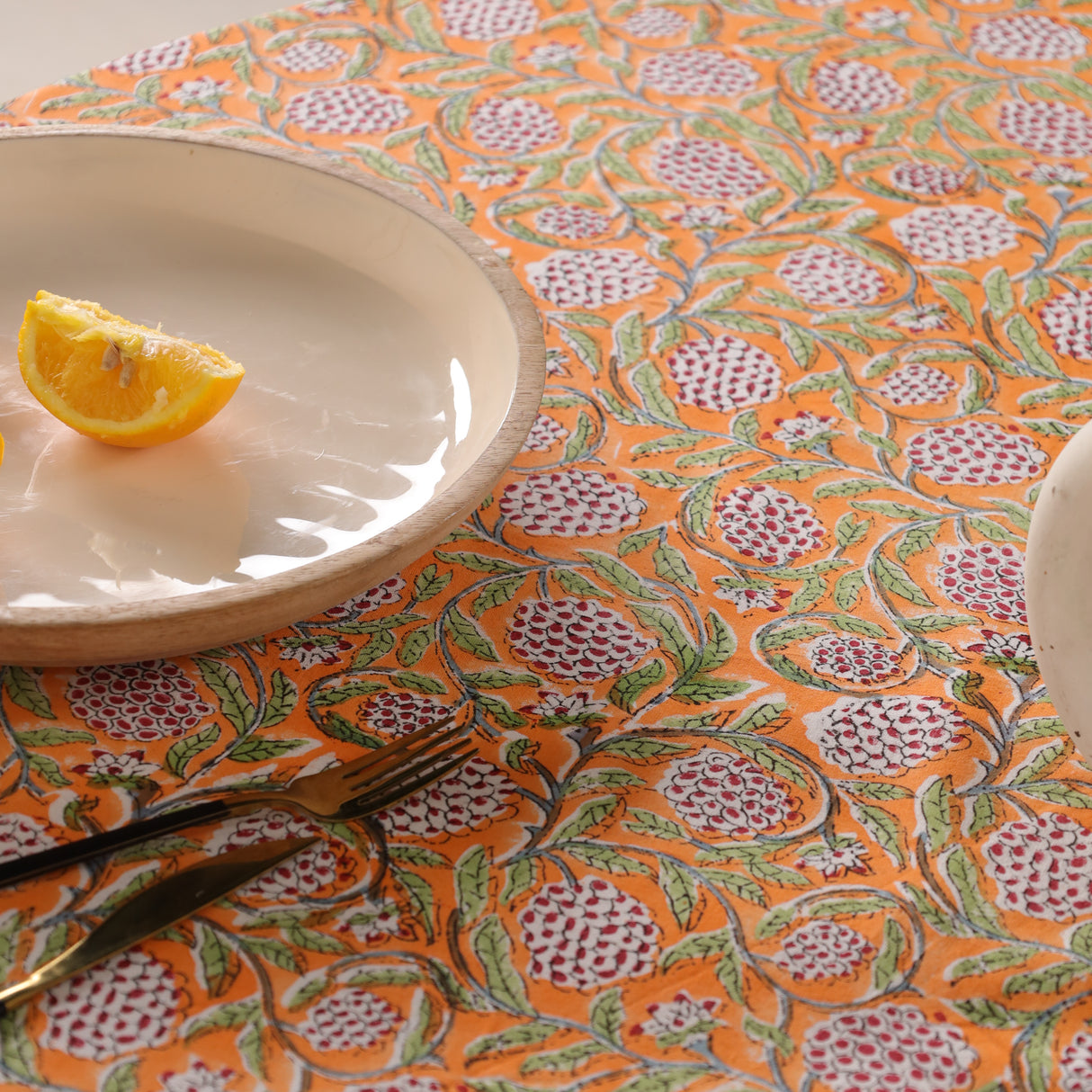 Runde Tischdecke Blockdruck Ranke Orange