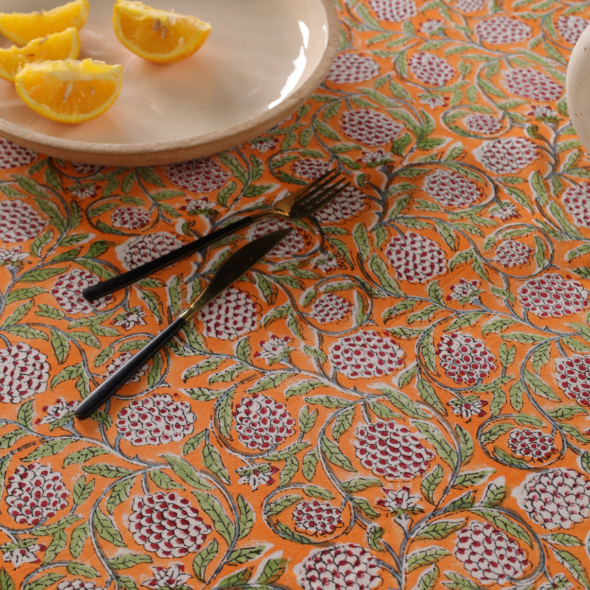 Runde Tischdecke Blockdruck Ranke Orange