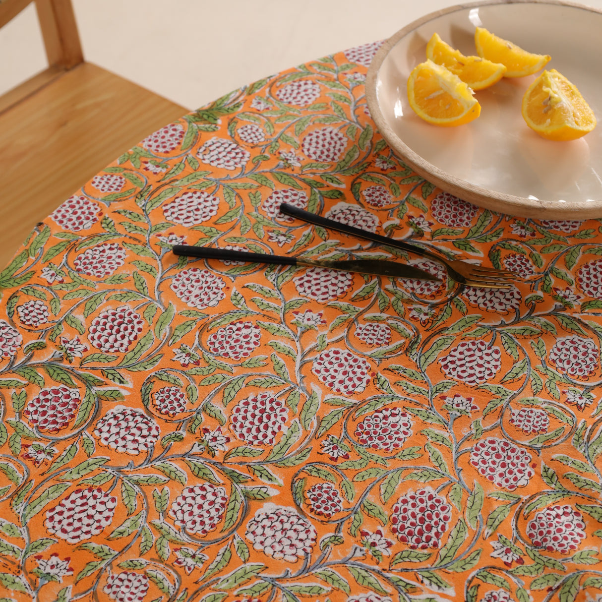 Runde Tischdecke Blockdruck Ranke Orange