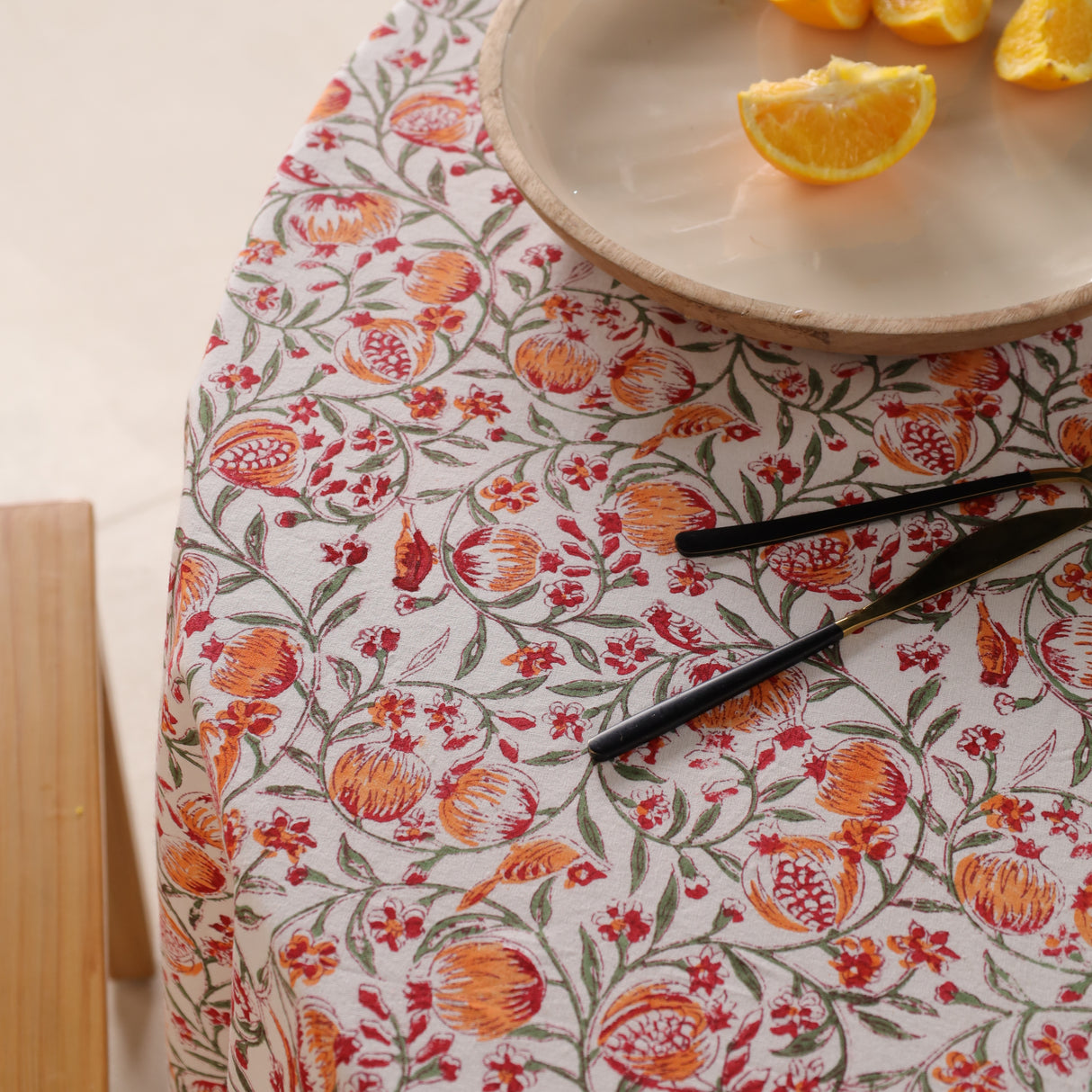 Runde Tischdecke Blockdruck Ranke Orange Grün