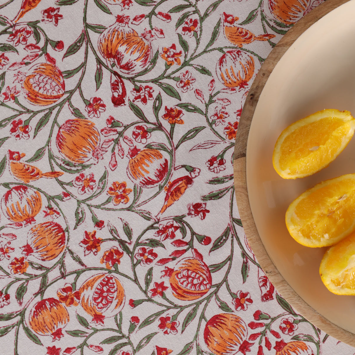 Runde Tischdecke Blockdruck Ranke Orange Grün