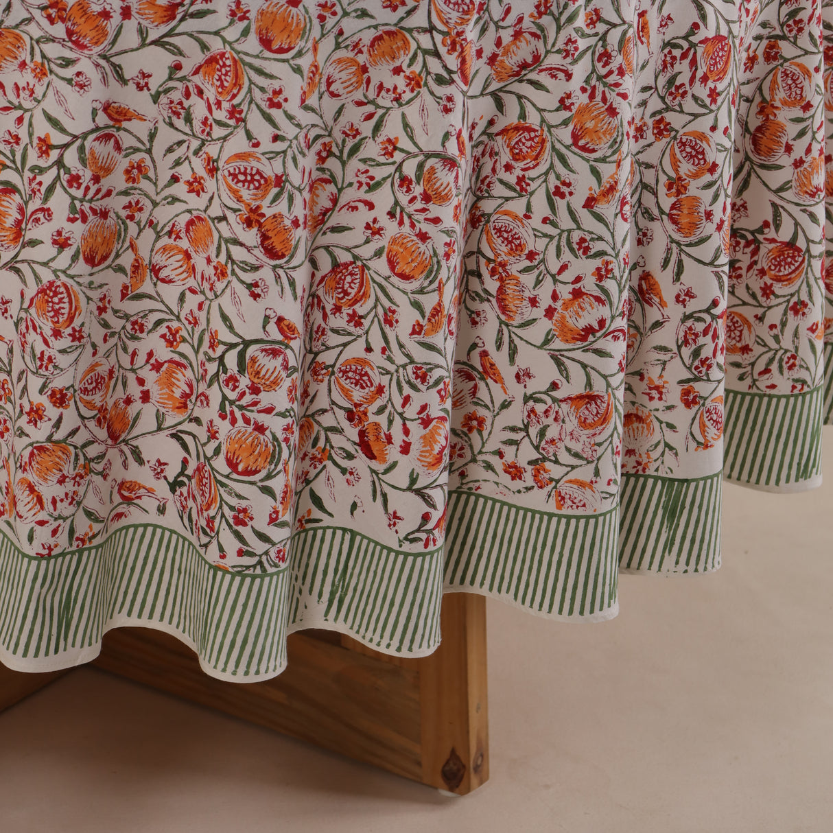 Runde Tischdecke Blockdruck Ranke Orange Grün