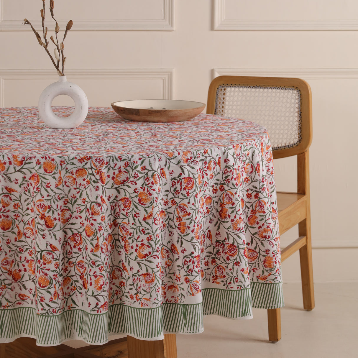 Runde Tischdecke Blockdruck Ranke Orange Grün