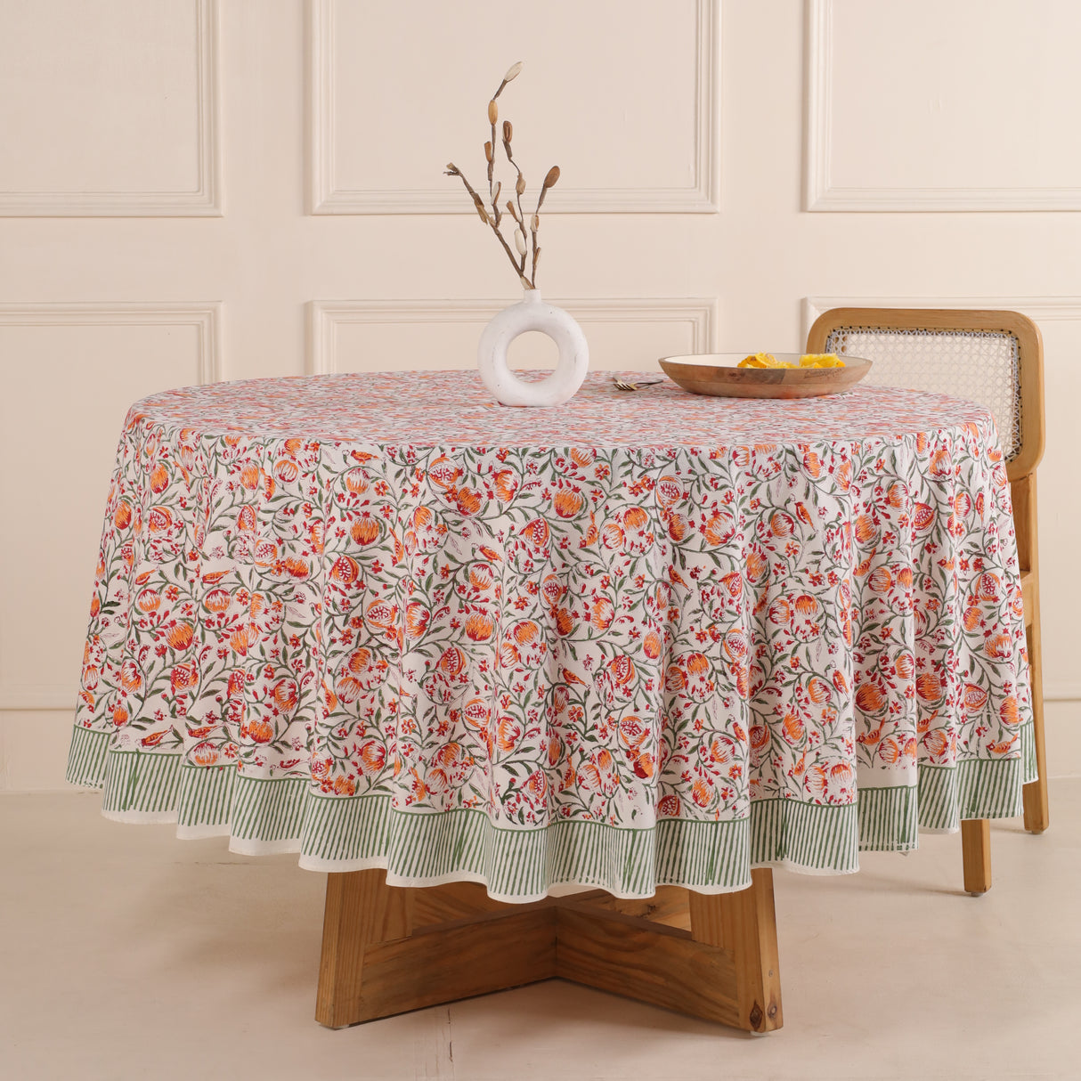 Runde Tischdecke Blockdruck Ranke Orange Grün
