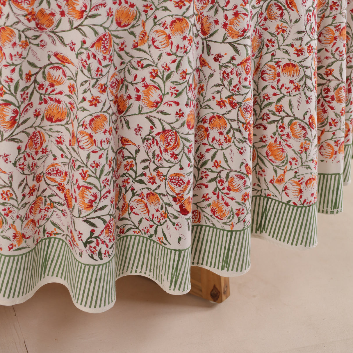 Runde Tischdecke Blockdruck Ranke Orange Grün