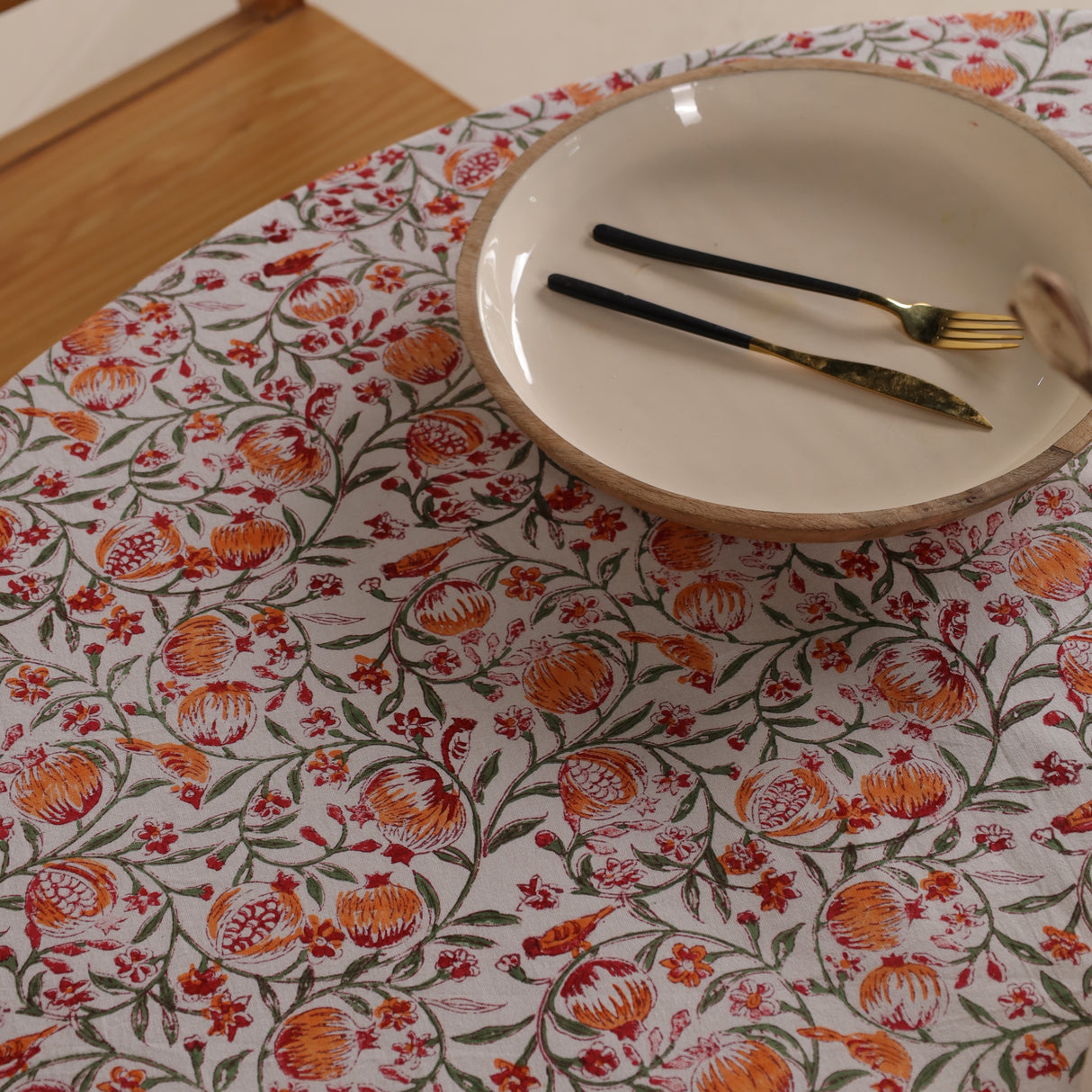 Runde Tischdecke Blockdruck Ranke Orange Grün