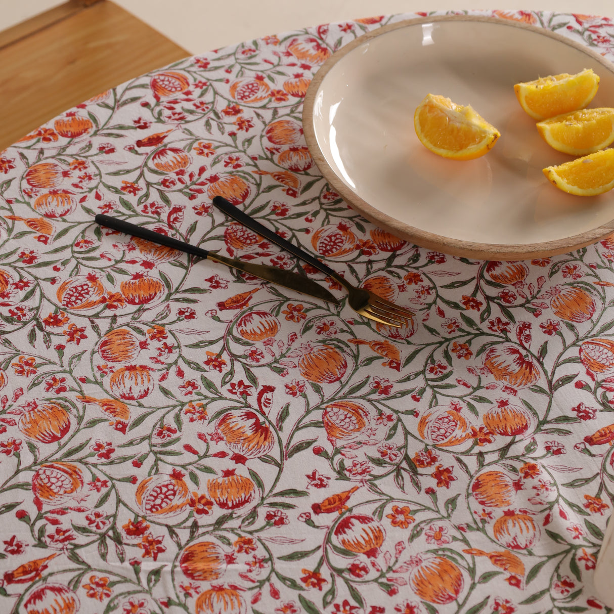 Runde Tischdecke Blockdruck Ranke Orange Grün