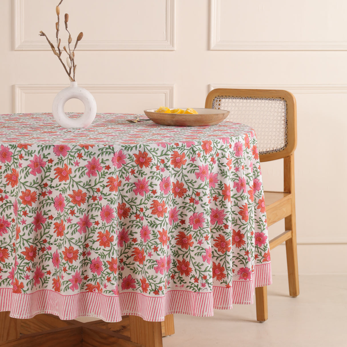 Runde Tischdecke Blockdruck Ranke Rosa Rot Grün