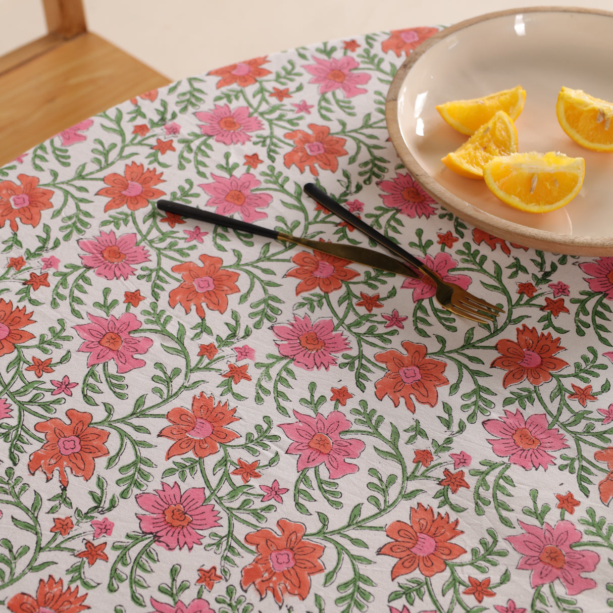 Runde Tischdecke Blockdruck Ranke Rosa Rot Grün