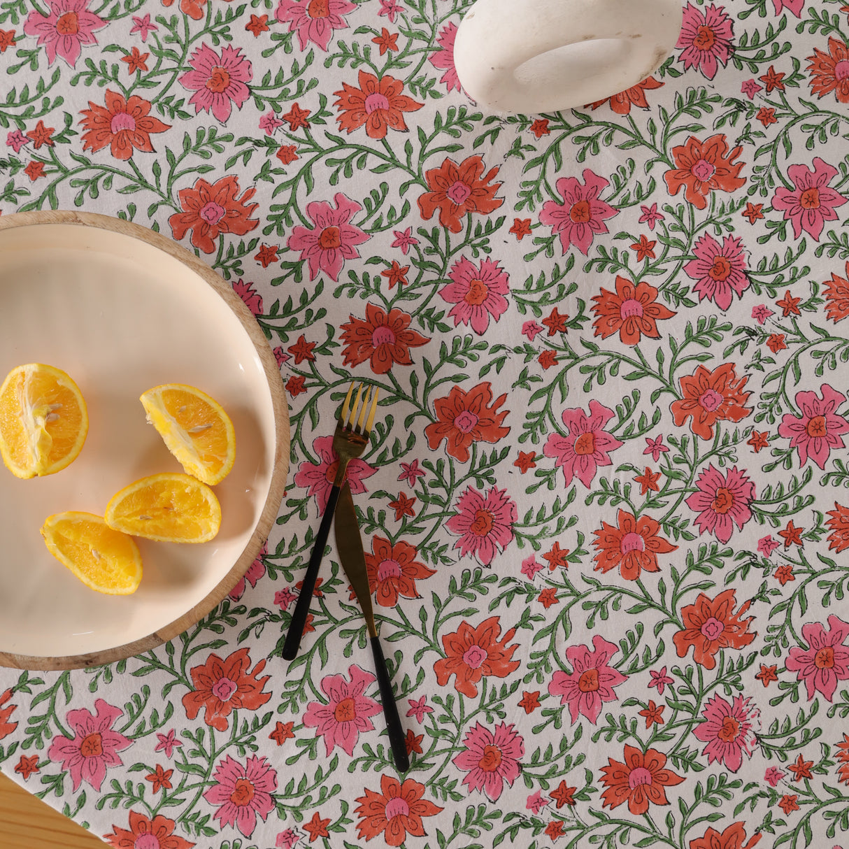 Runde Tischdecke Blockdruck Ranke Rosa Rot Grün