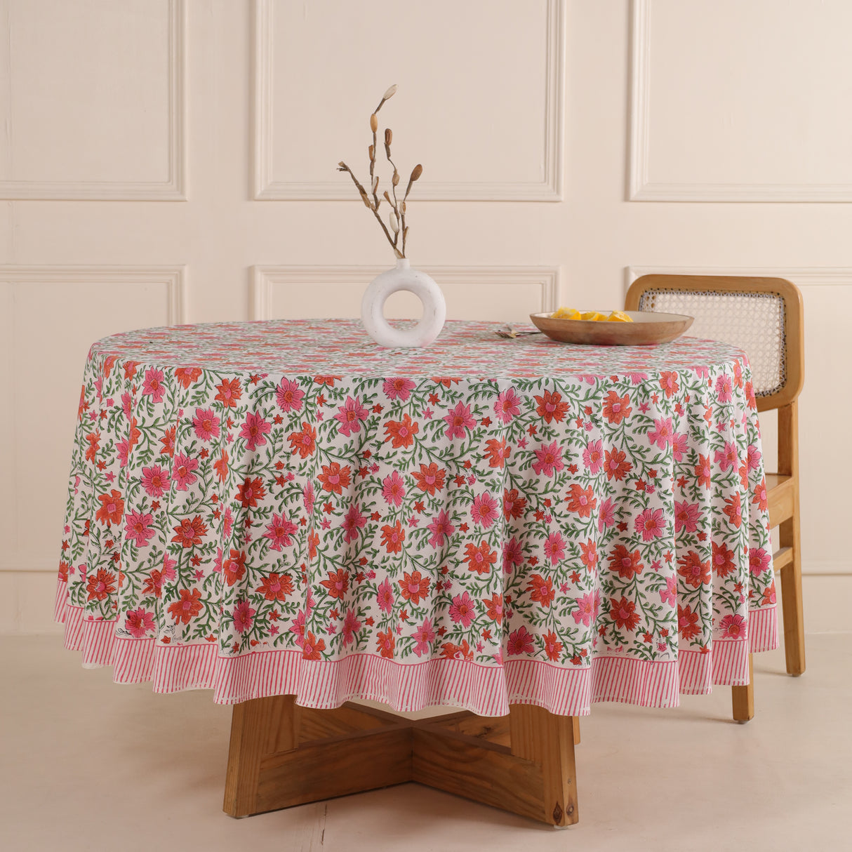 Runde Tischdecke Blockdruck Ranke Rosa Rot Grün