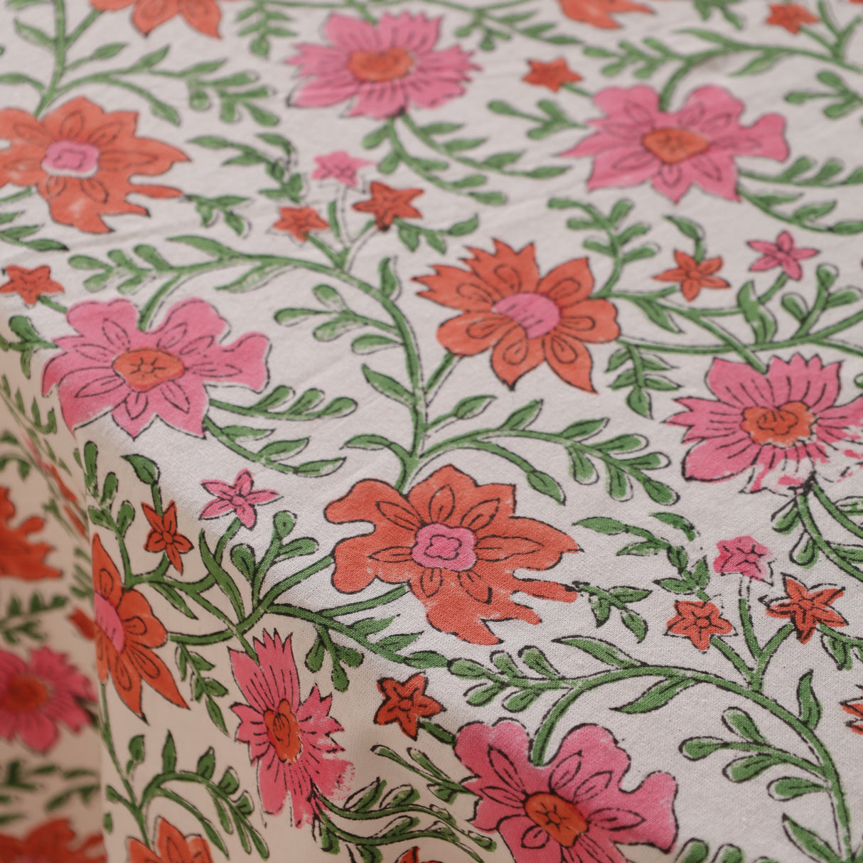 Runde Tischdecke Blockdruck Ranke Rosa Rot Grün