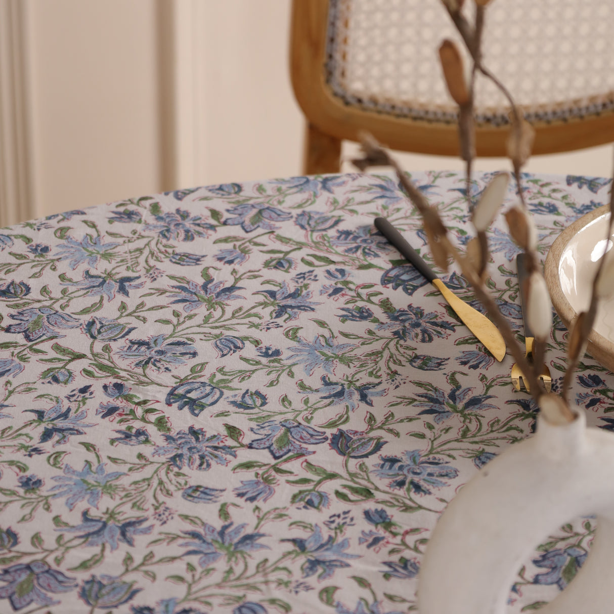 Runde Tischdecke Blockdruck Ranke Weiß Grün Blau