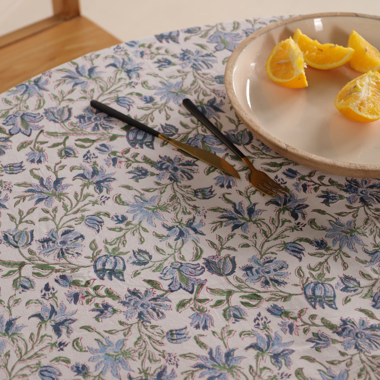 Runde Tischdecke Blockdruck Ranke Weiß Grün Blau