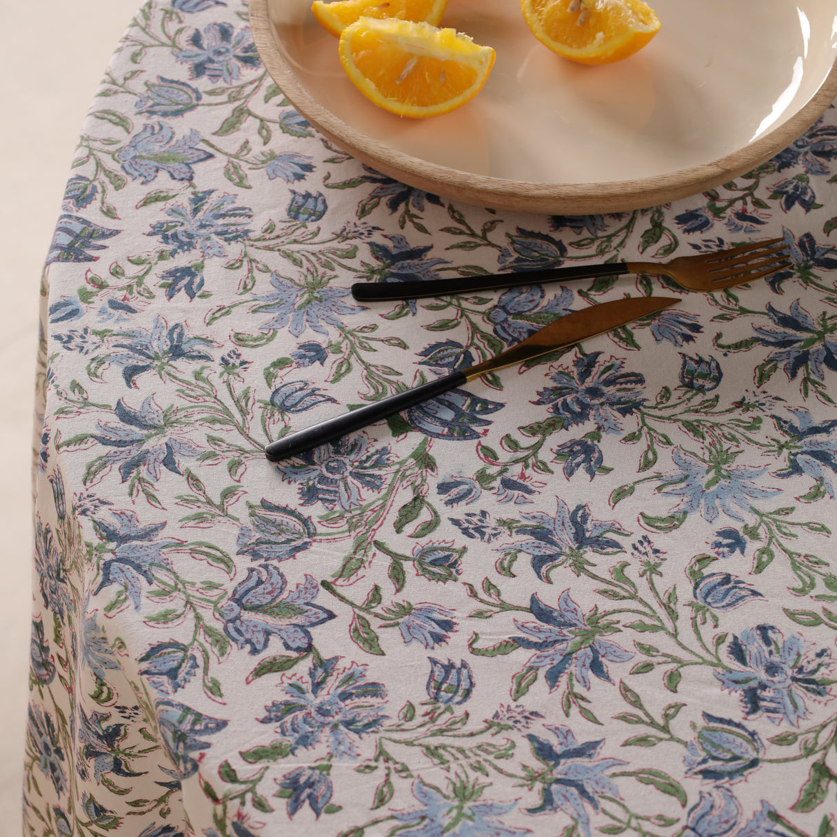 Runde Tischdecke Blockdruck Ranke Weiß Grün Blau
