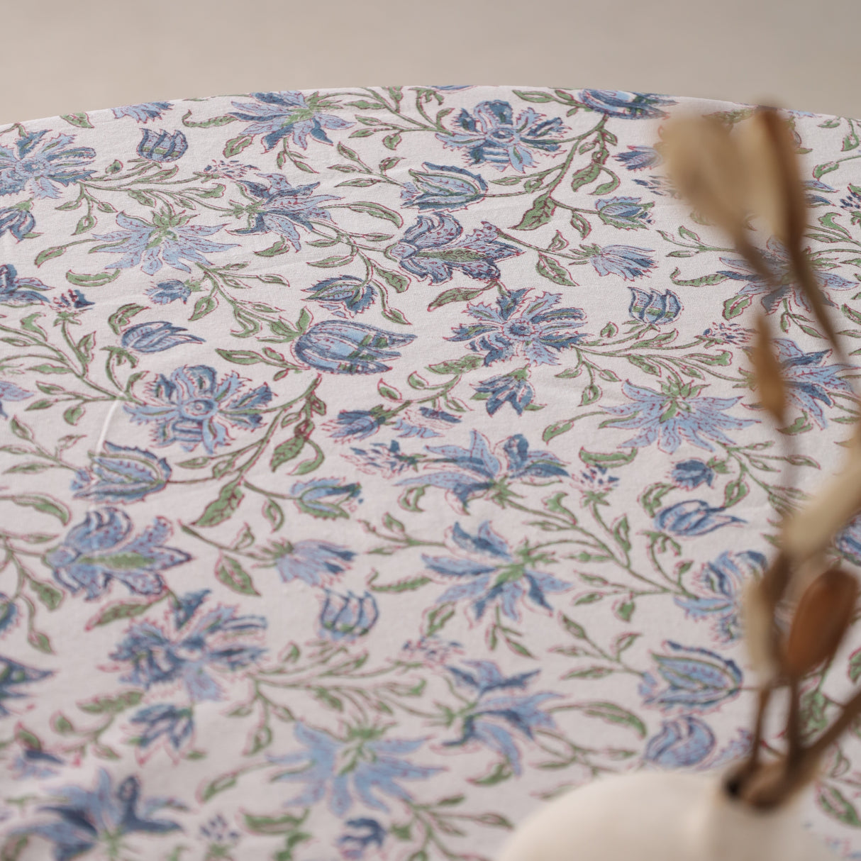 Runde Tischdecke Blockdruck Ranke Weiß Grün Blau