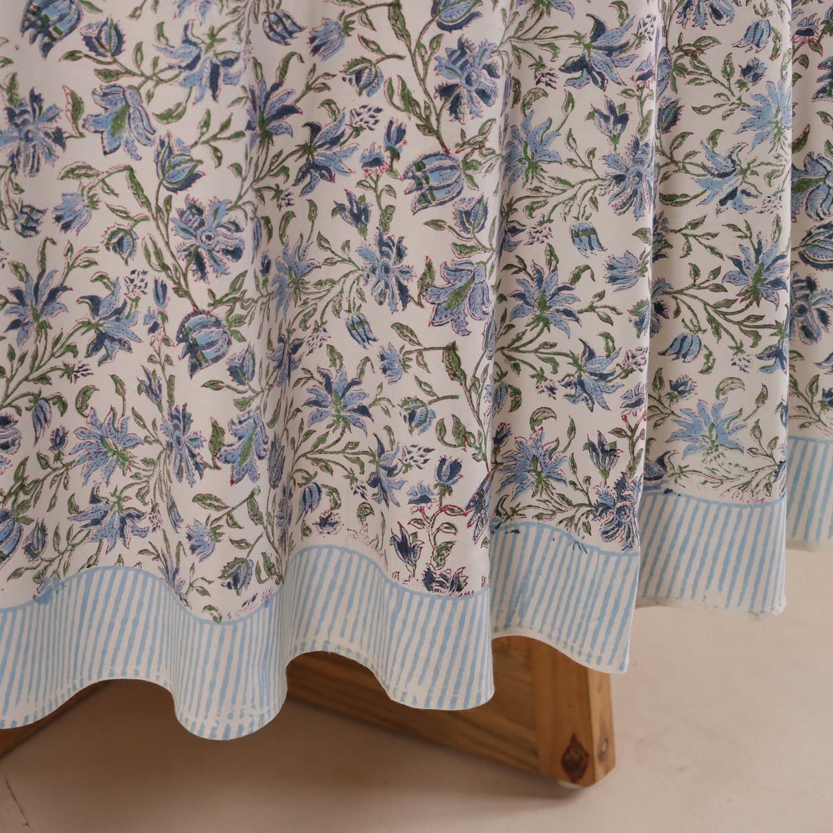 Runde Tischdecke Blockdruck Ranke Weiß Grün Blau