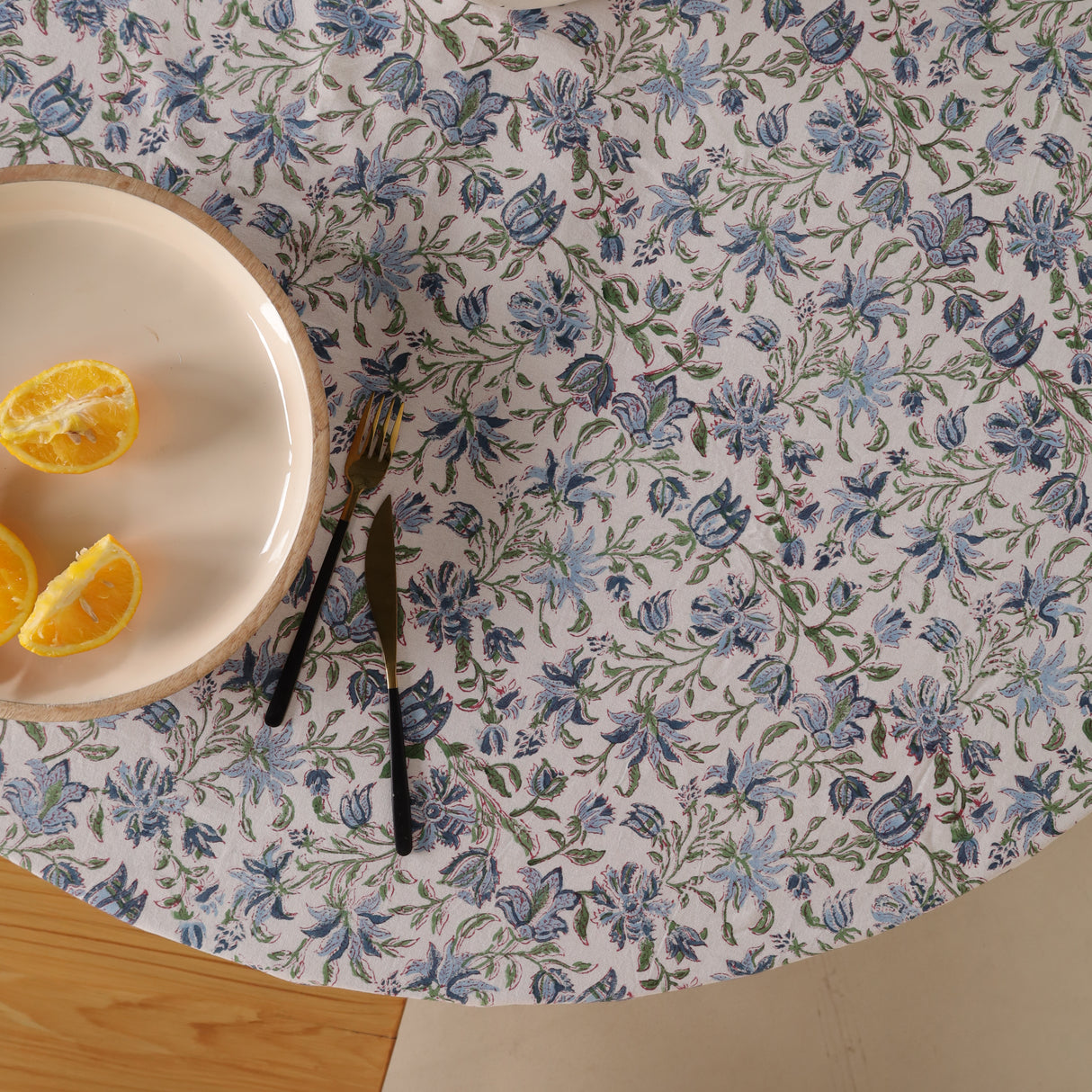 Runde Tischdecke Blockdruck Ranke Weiß Grün Blau