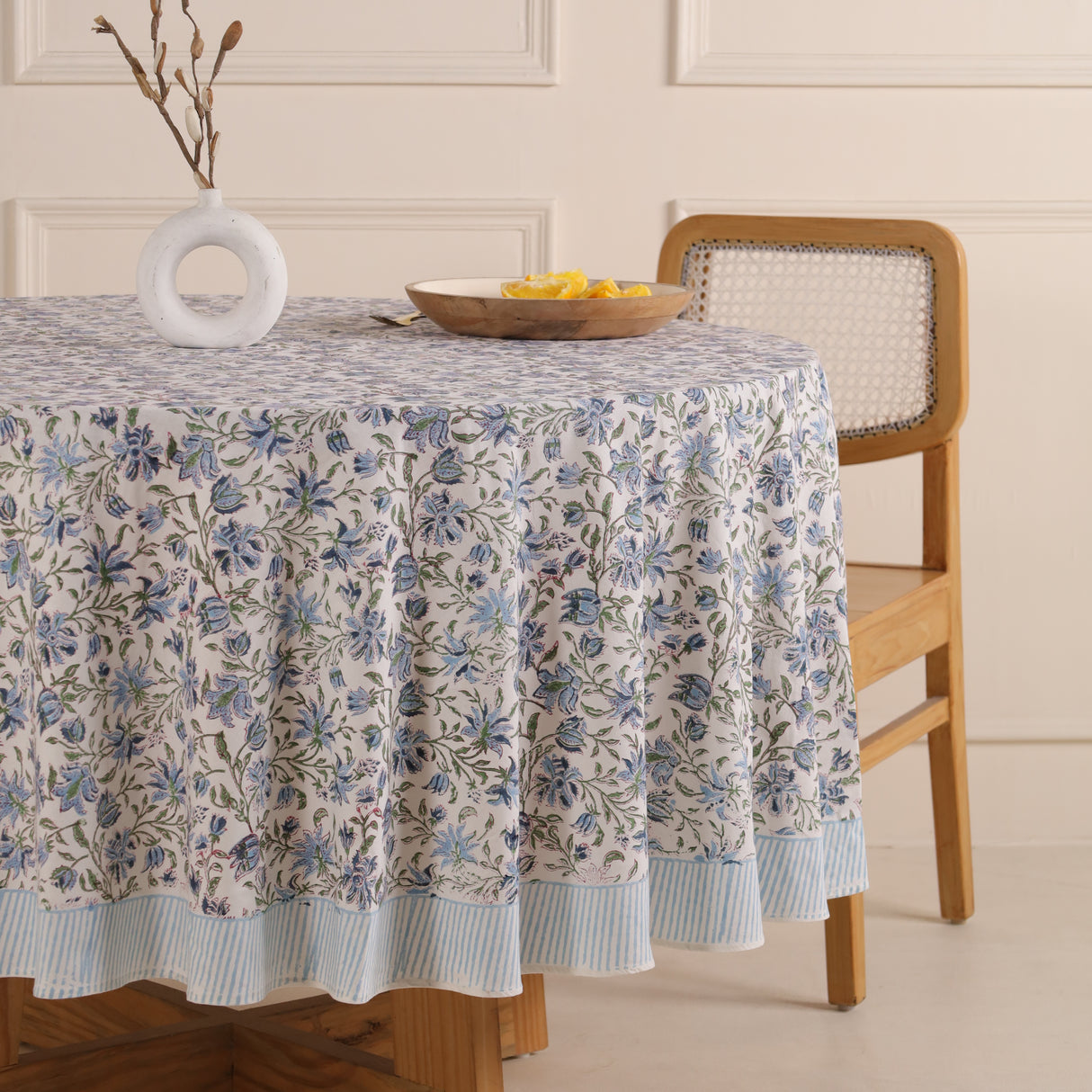 Runde Tischdecke Blockdruck Ranke Weiß Grün Blau