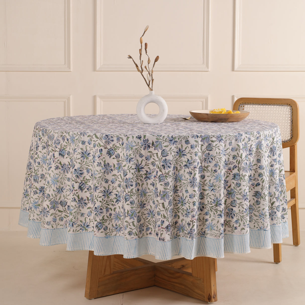 Runde Tischdecke Blockdruck Ranke Weiß Grün Blau