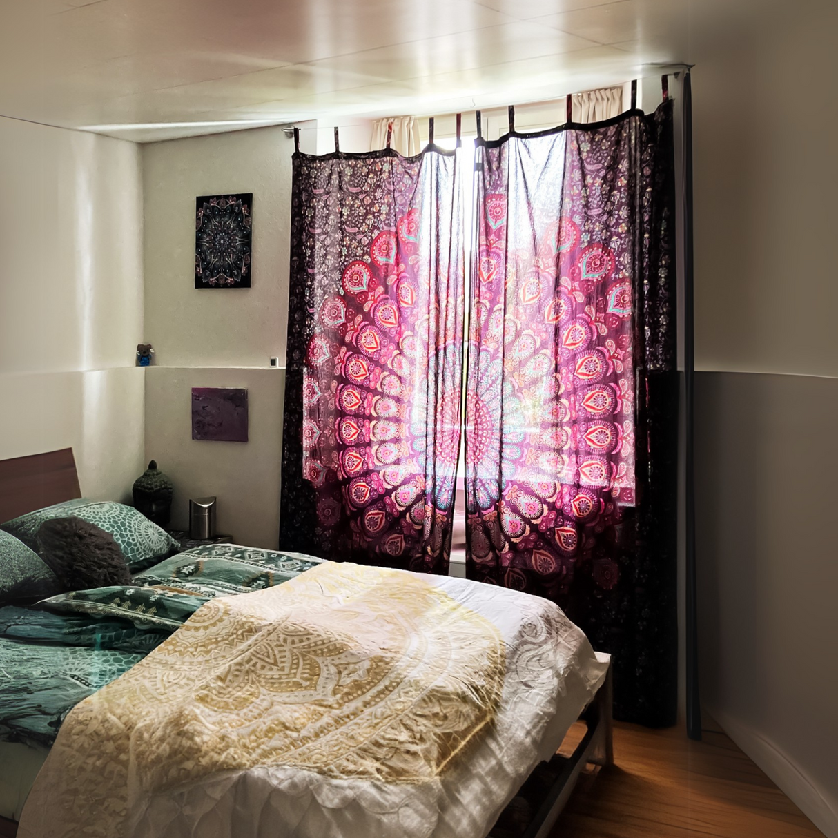 Vorhang Pfauenfeder Mandala bordeaux rosa - 2-teilig