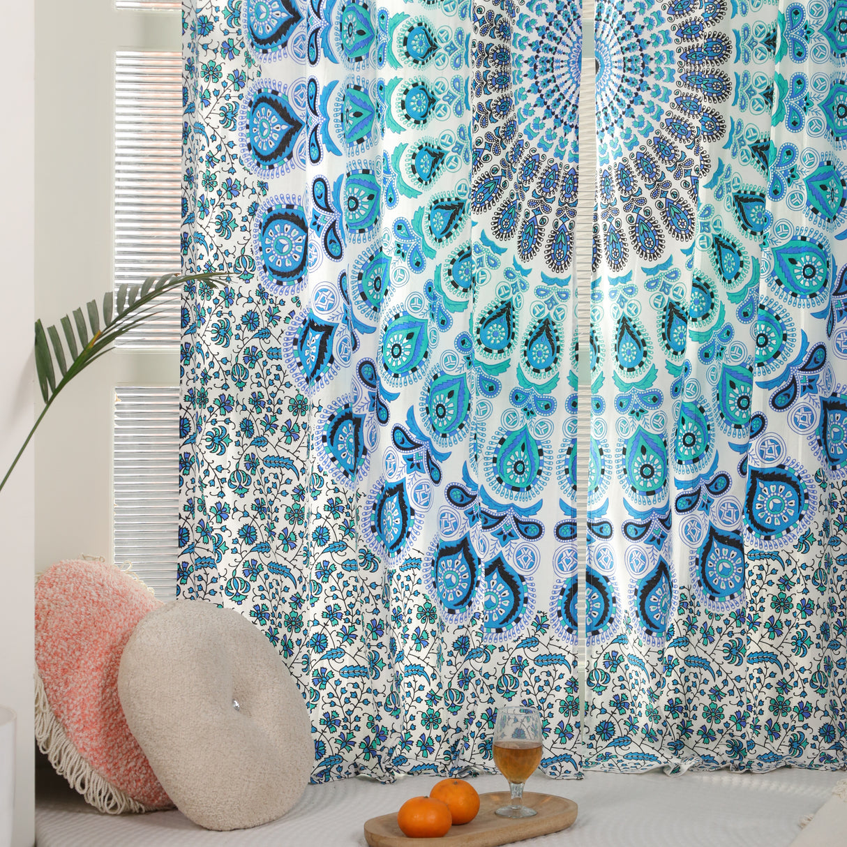 Vorhang Pfauenfeder Mandala weiss blau türkis - Schlaufenvorhang mit Blumen Muster