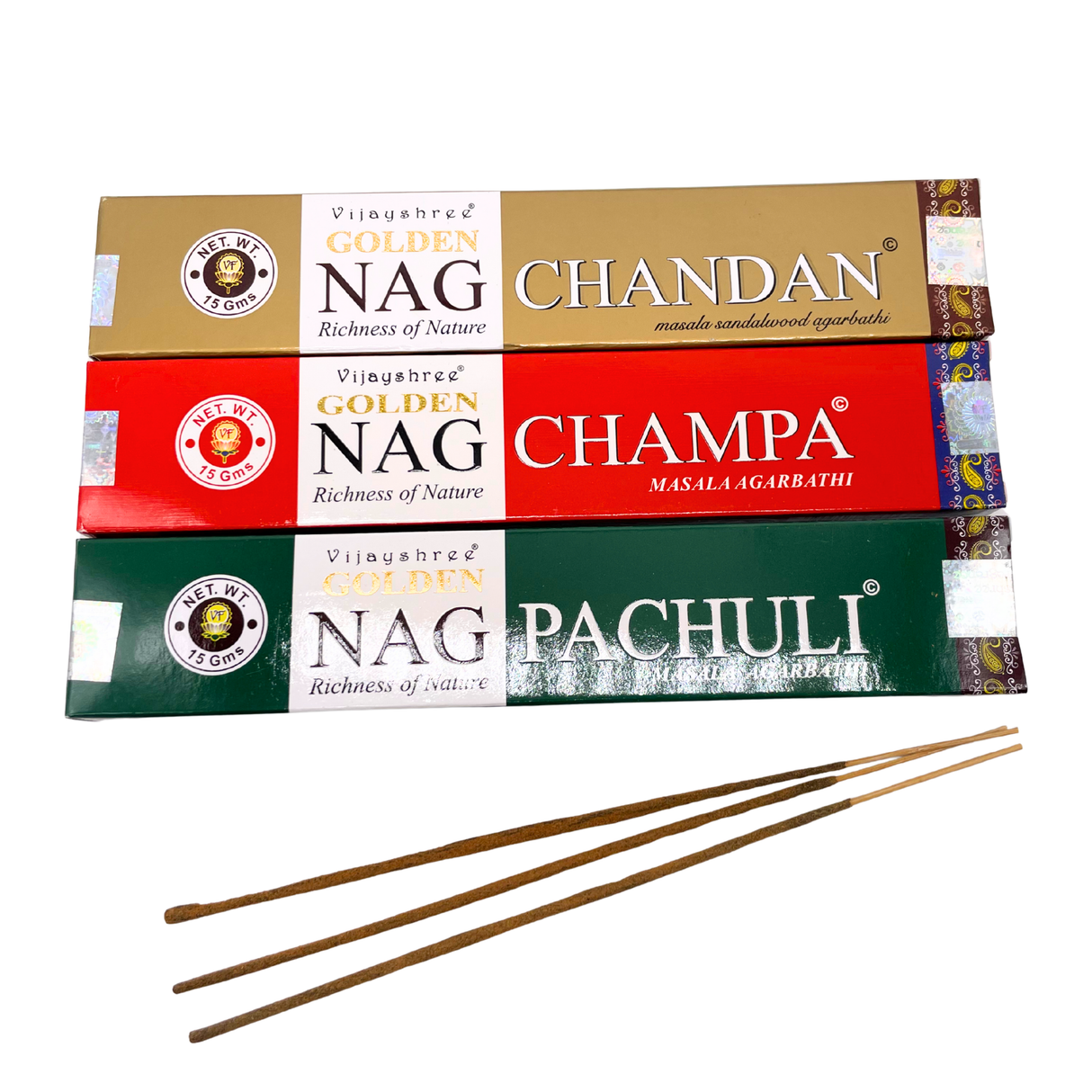 Wärme & Tiefe Räucherstäbchen-Set | Golden Nag Patchouli, Champa & Chandan