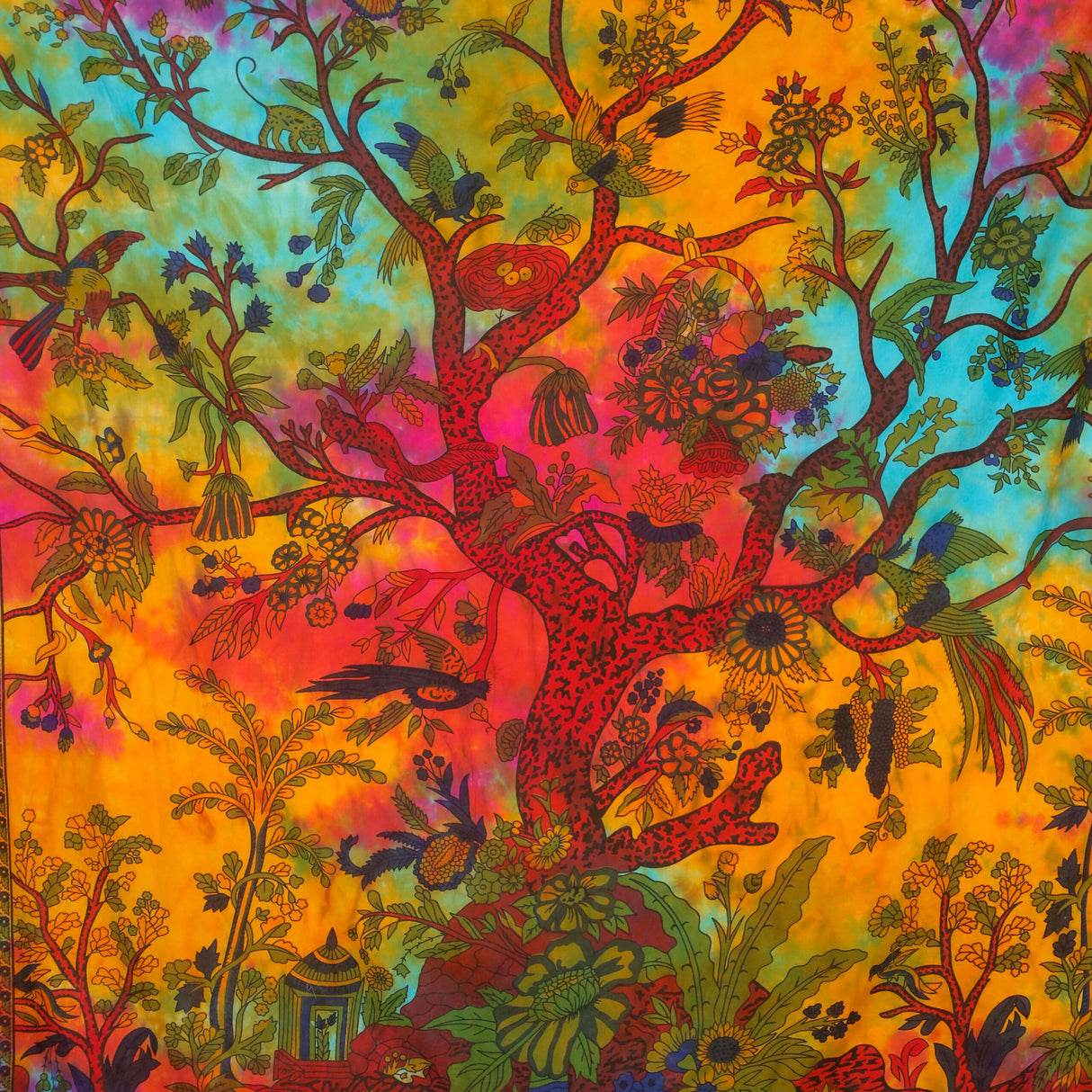 Wandtuch Lebensbaum bunt batik, indischer Wandteppich aus fairem Handel mit Baum des Lebens Motiv 2x2 m XXL Tuch für die Wand