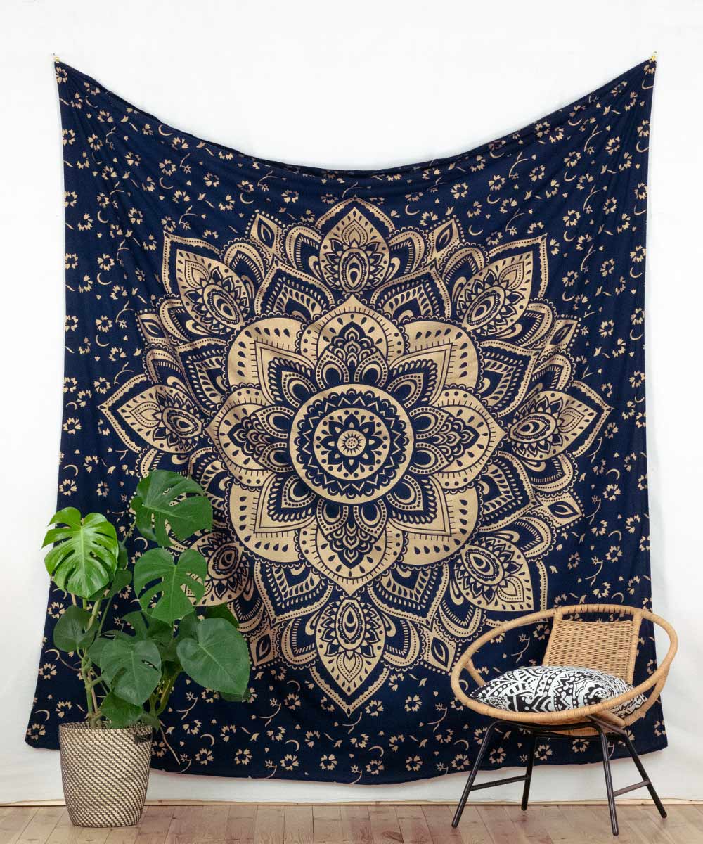 Wandtuch Lotusblüte blau gold - groß ca. 230x210 cm