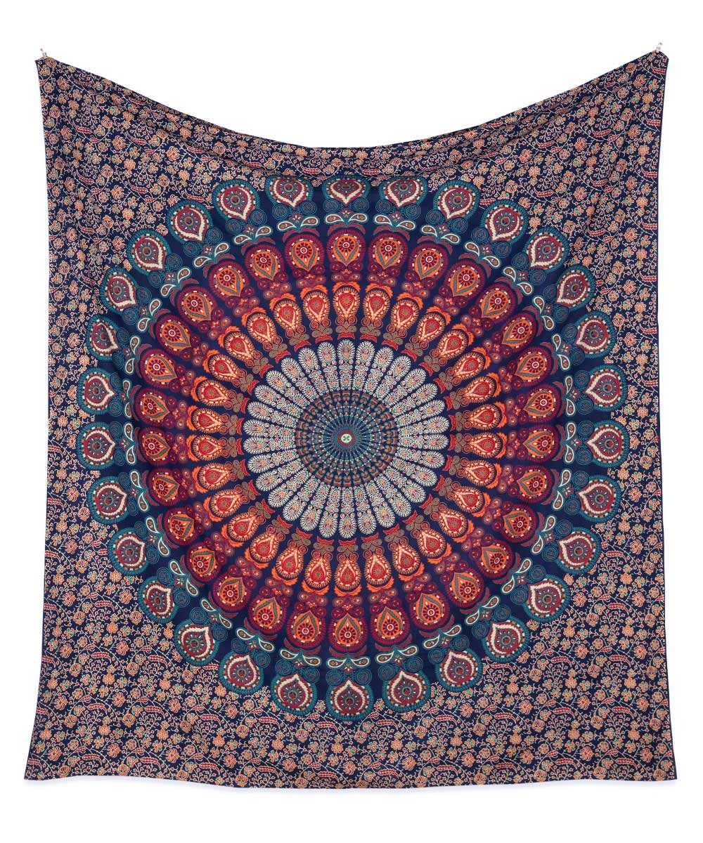 Wandtuch Pfauenfeder Mandala blau orange türkis - frei