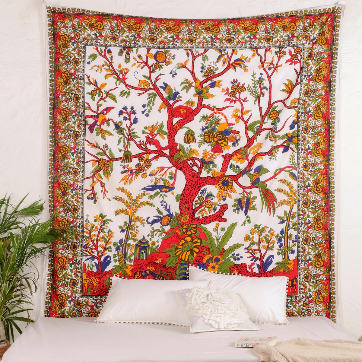 Wandtuch mit Lebensbaum in weiß und rot, Wandteppich 2x2 m XXL Tuch für die Wand 100% Baumwolle