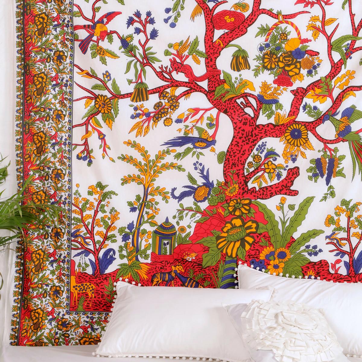 Wandtuch mit Lebensbaum in weiß und rot, Wandteppich 2x2 m XXL Tuch für die Wand 100% Baumwolle