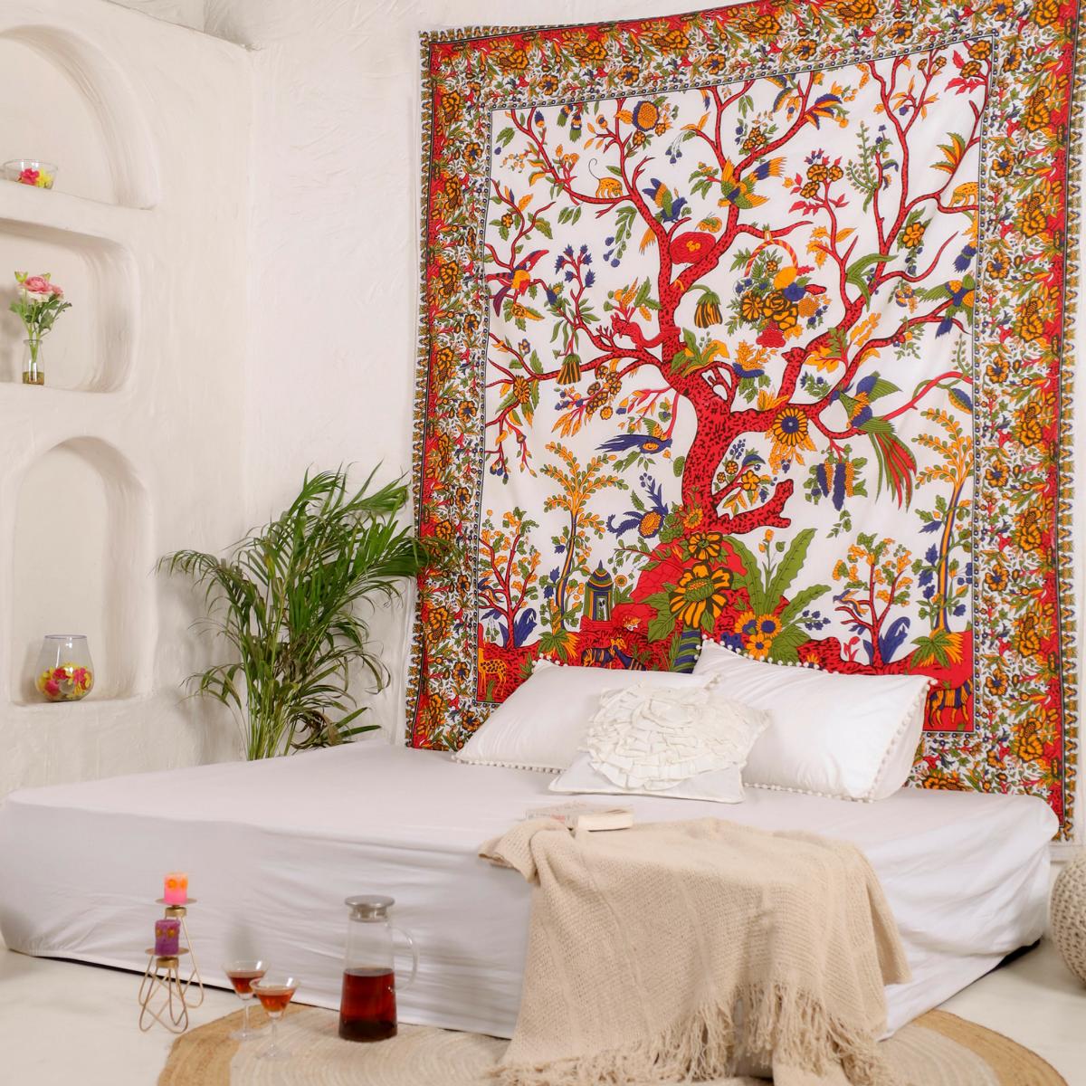 Wandtuch mit Lebensbaum in weiß und rot, Wandteppich 2x2 m XXL Tuch für die Wand 100% Baumwolle