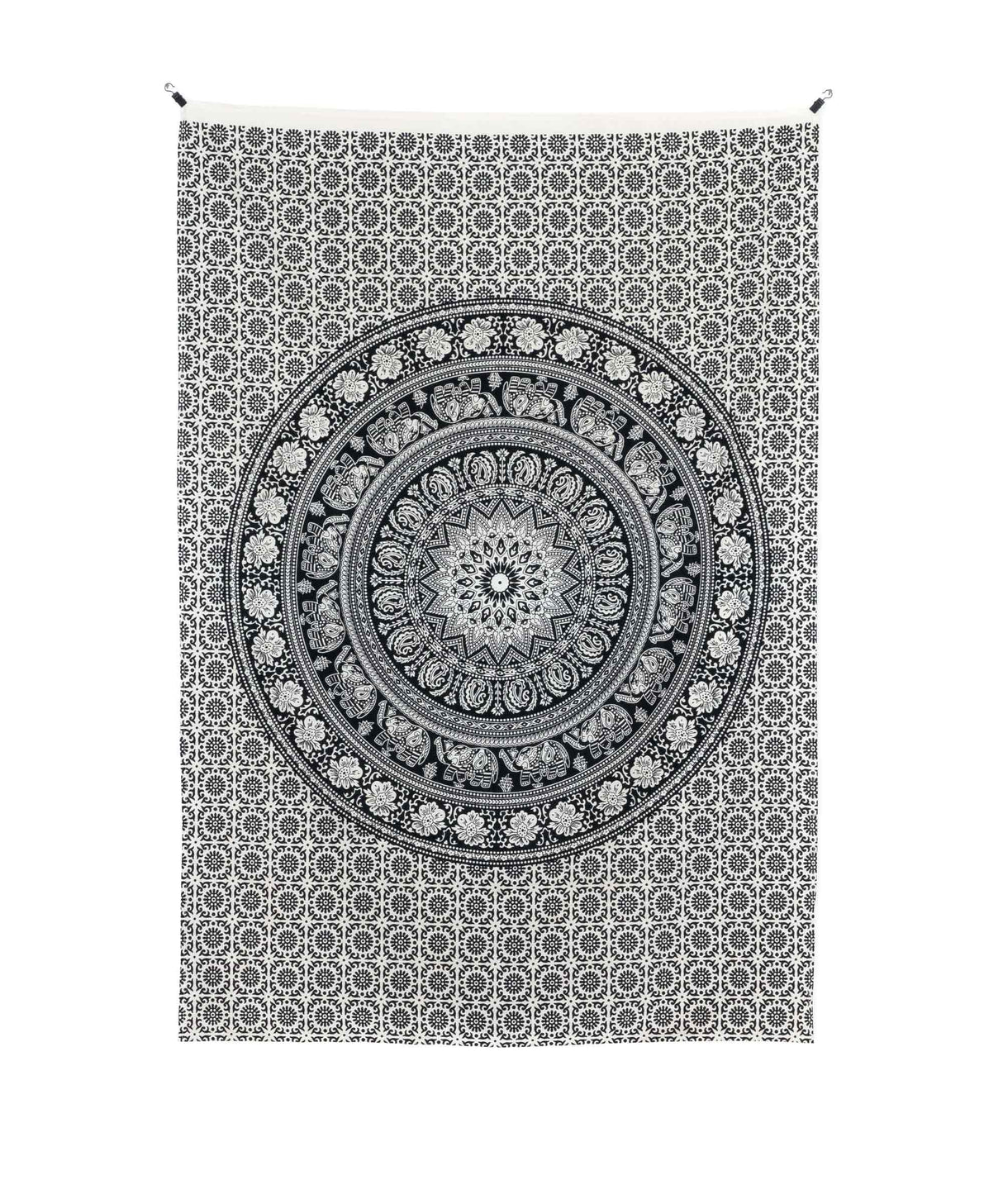 Kleines Wandtuch Elefanten Mandala schwarz weiß