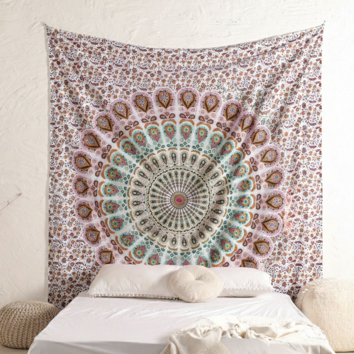 Wandtuch Pfauenfeder Mandala weiß rosa türkis