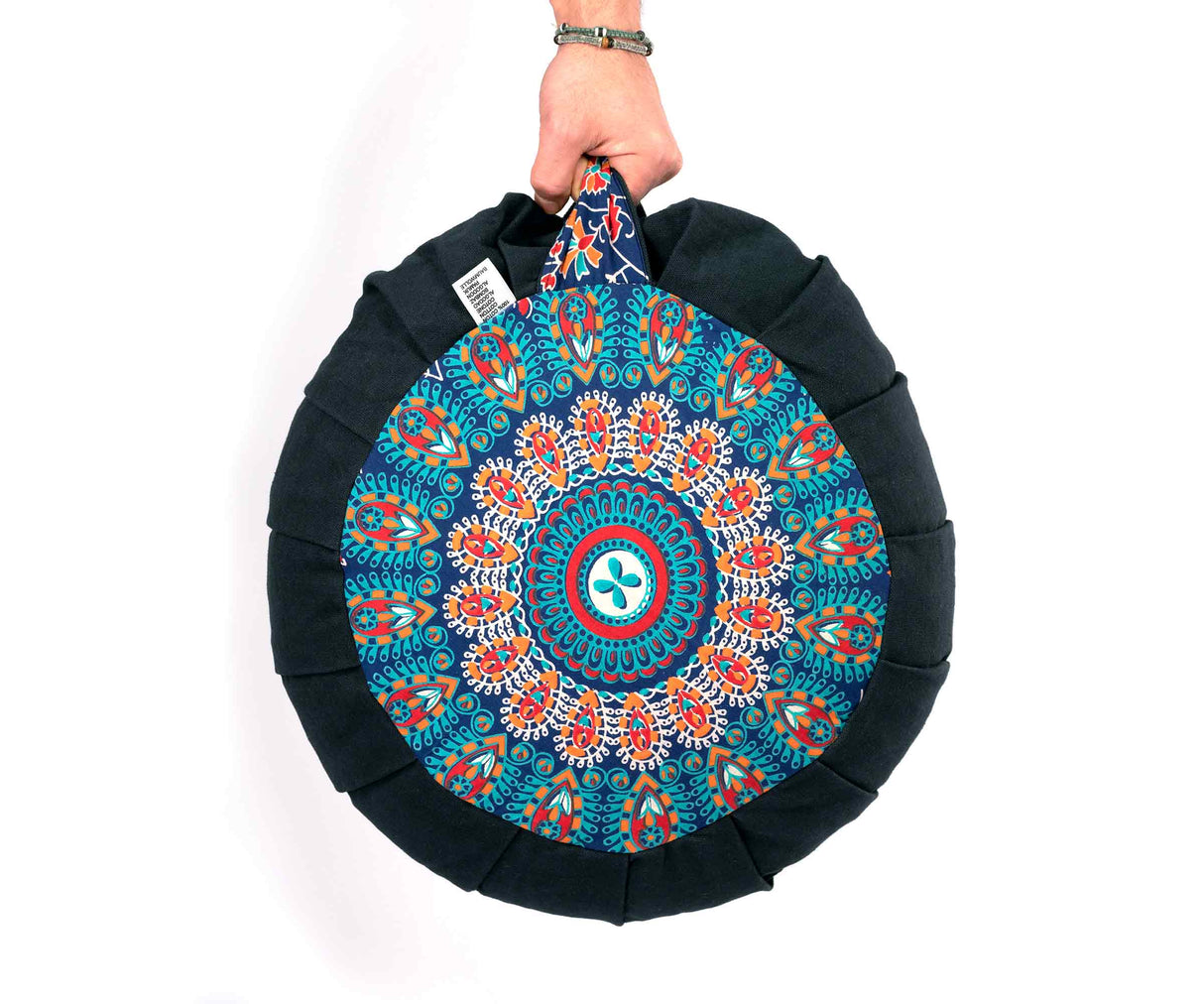 Yogakissen Pfauenfeder Mandala blau orange türkis mit Buchweizenfüllung und Tragegurt