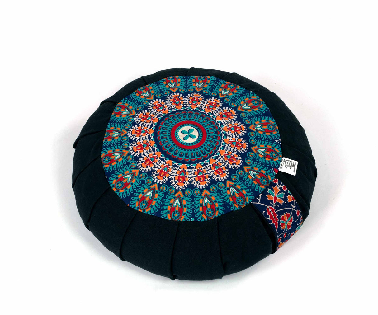 Yogakissen Pfauenfeder Mandala blau orange türkis mit Buchweizenfüllung und Tragegurt
