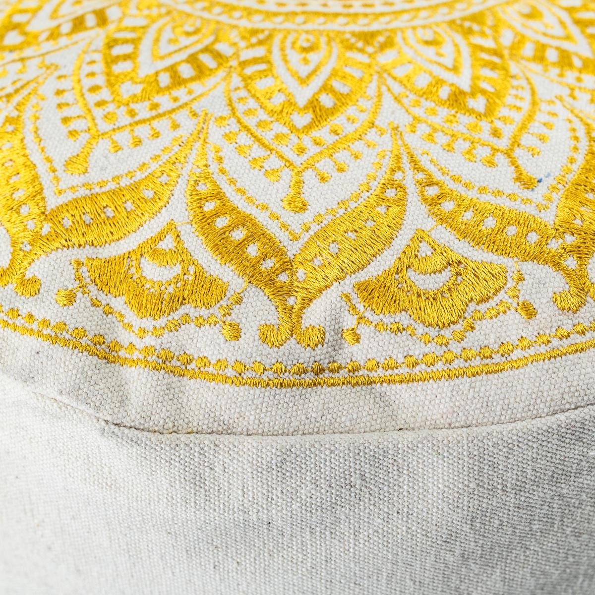 Yogakissen goldenes Mandala bestickt - rundes Sitzkissen mit Buchweizen Füllung