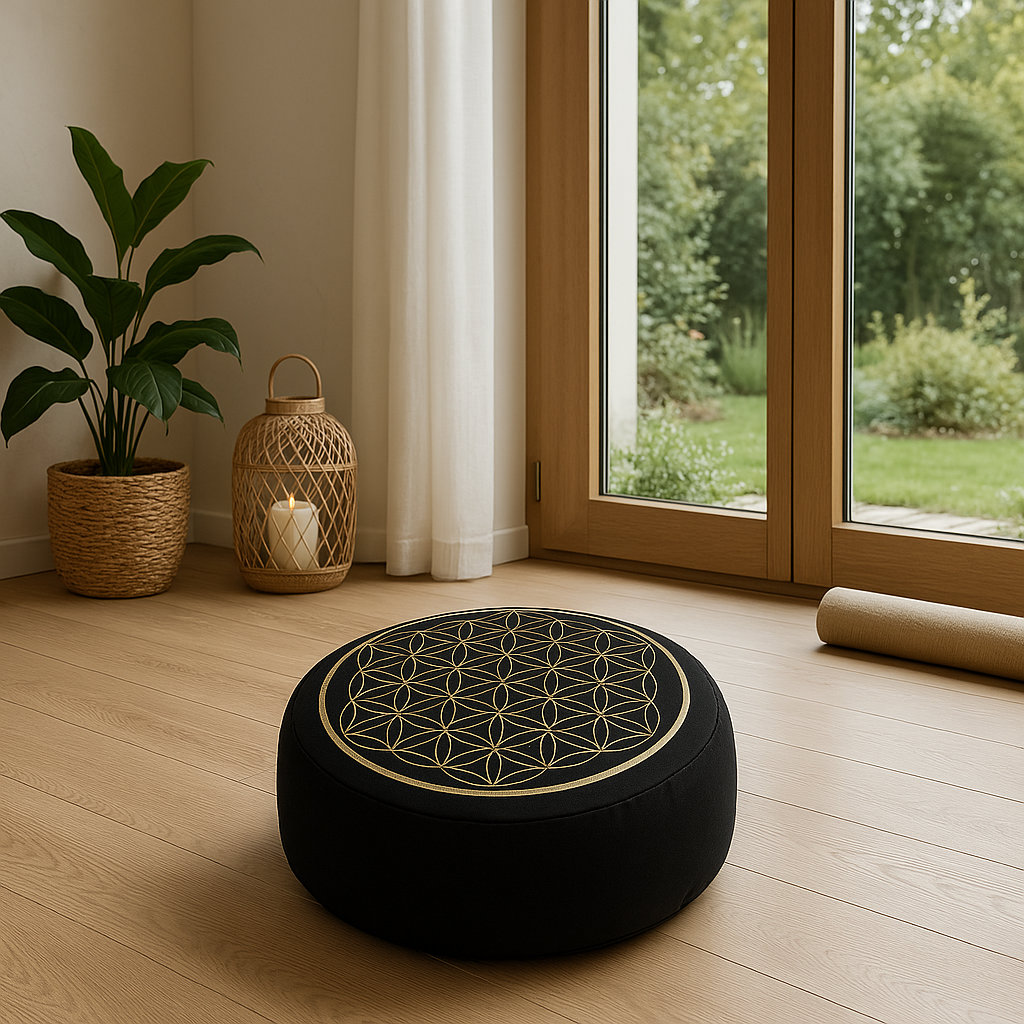 Yogakissen Lebensblume schwarz gold mit Buchweizen