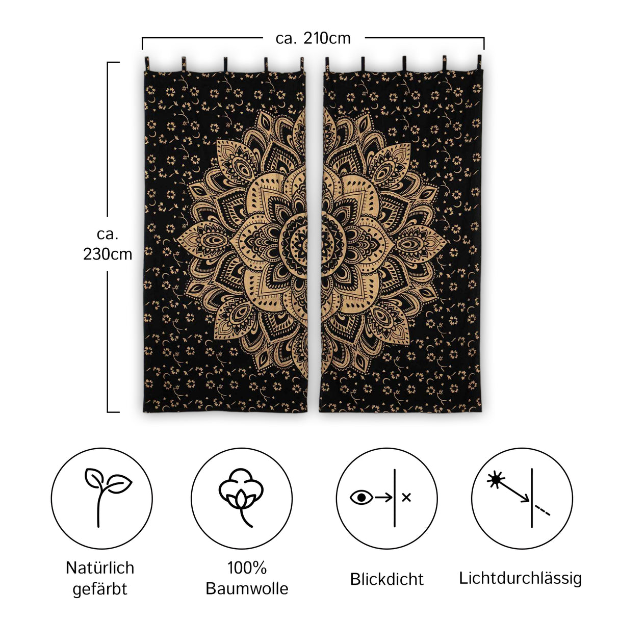 Vorhang goldener Lotus schwarz - 2-teilig