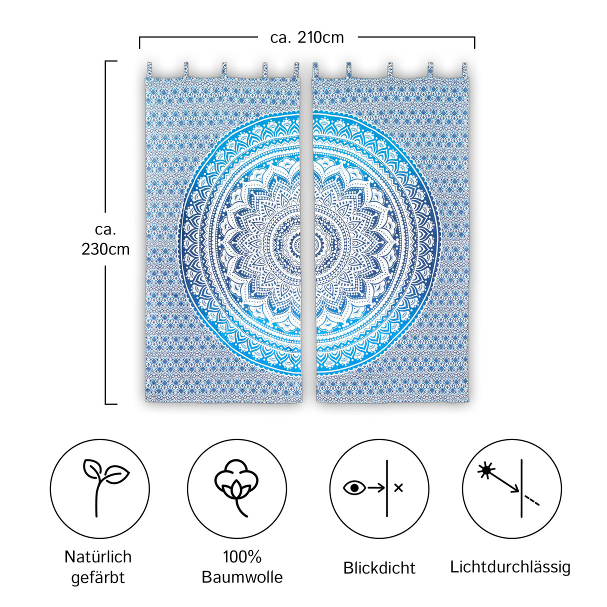 Vorhang Ombre Mandala blau - 2-teilig
