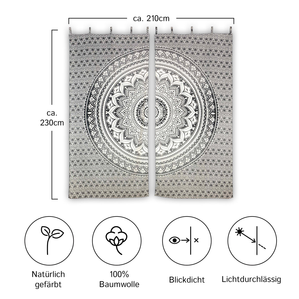 Vorhang Ombre Mandala schwarz grau - 2-teilig