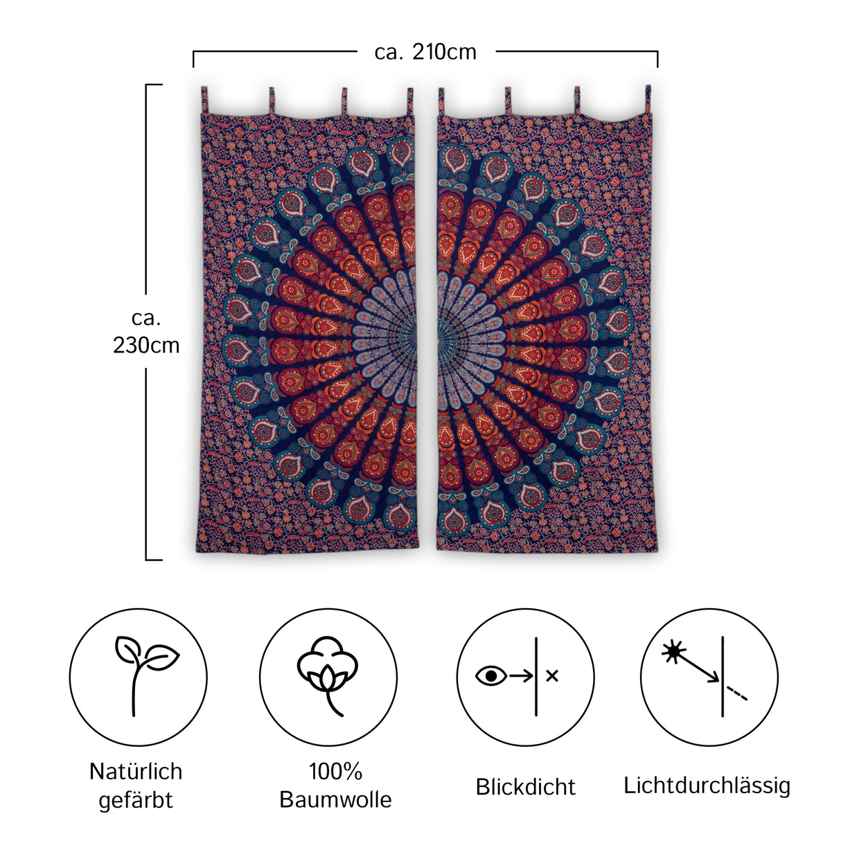 Vorhang Pfauenfeder Mandala blau orange türkis - 2-teilig