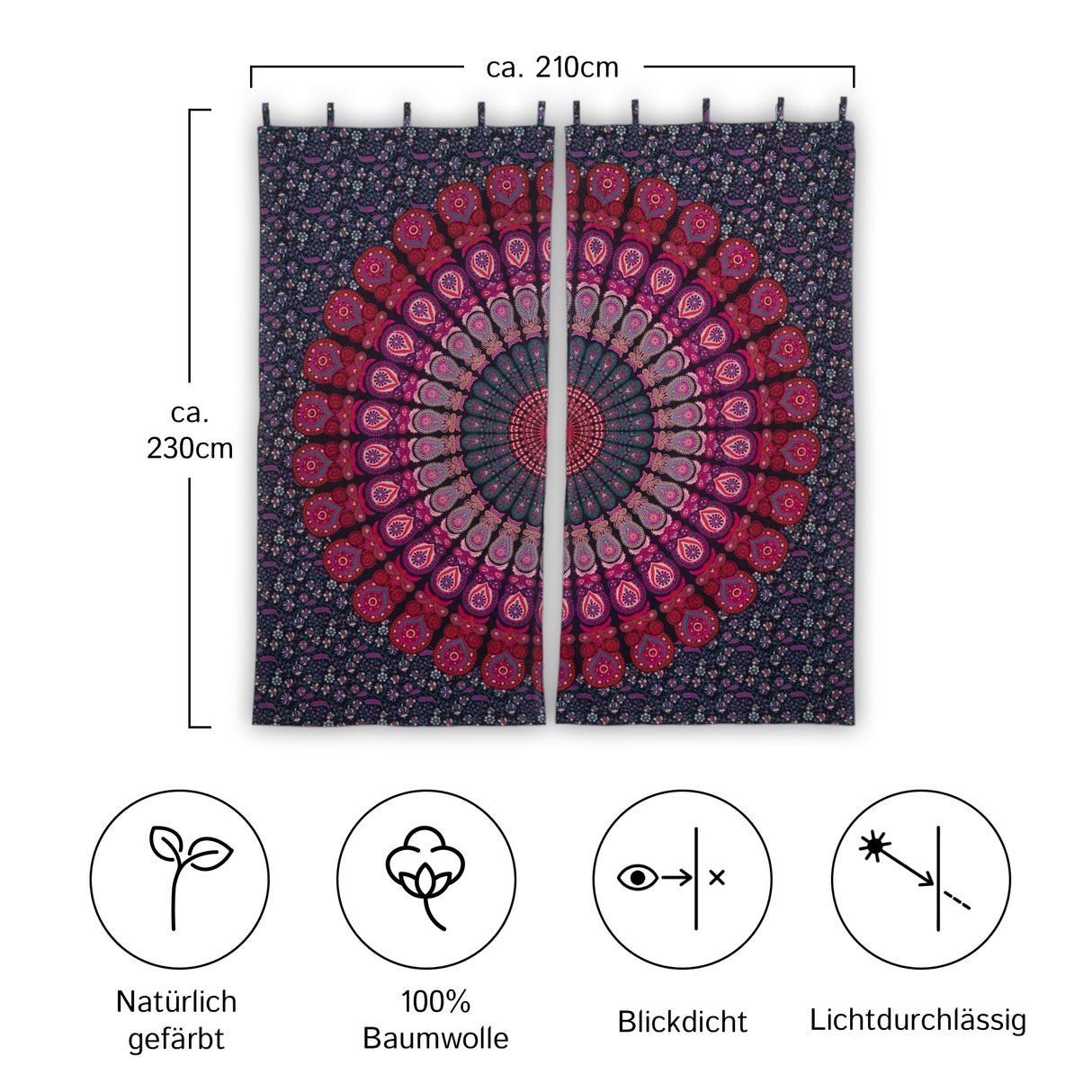 Vorhang Pfauenfeder Mandala bordeaux rosa - 2-teilig