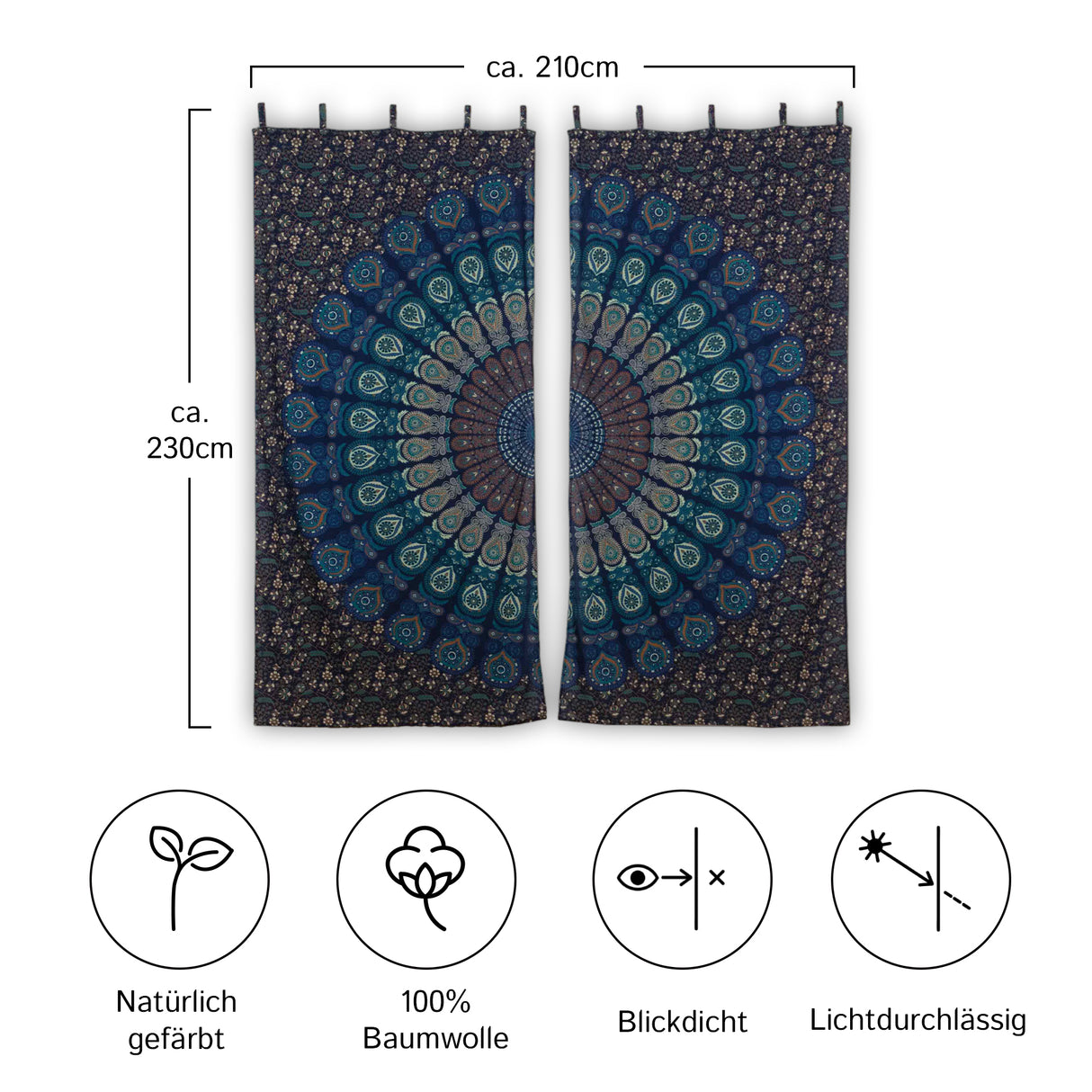 Vorhang Pfauenfeder Mandala blau türkis - 2-teilig