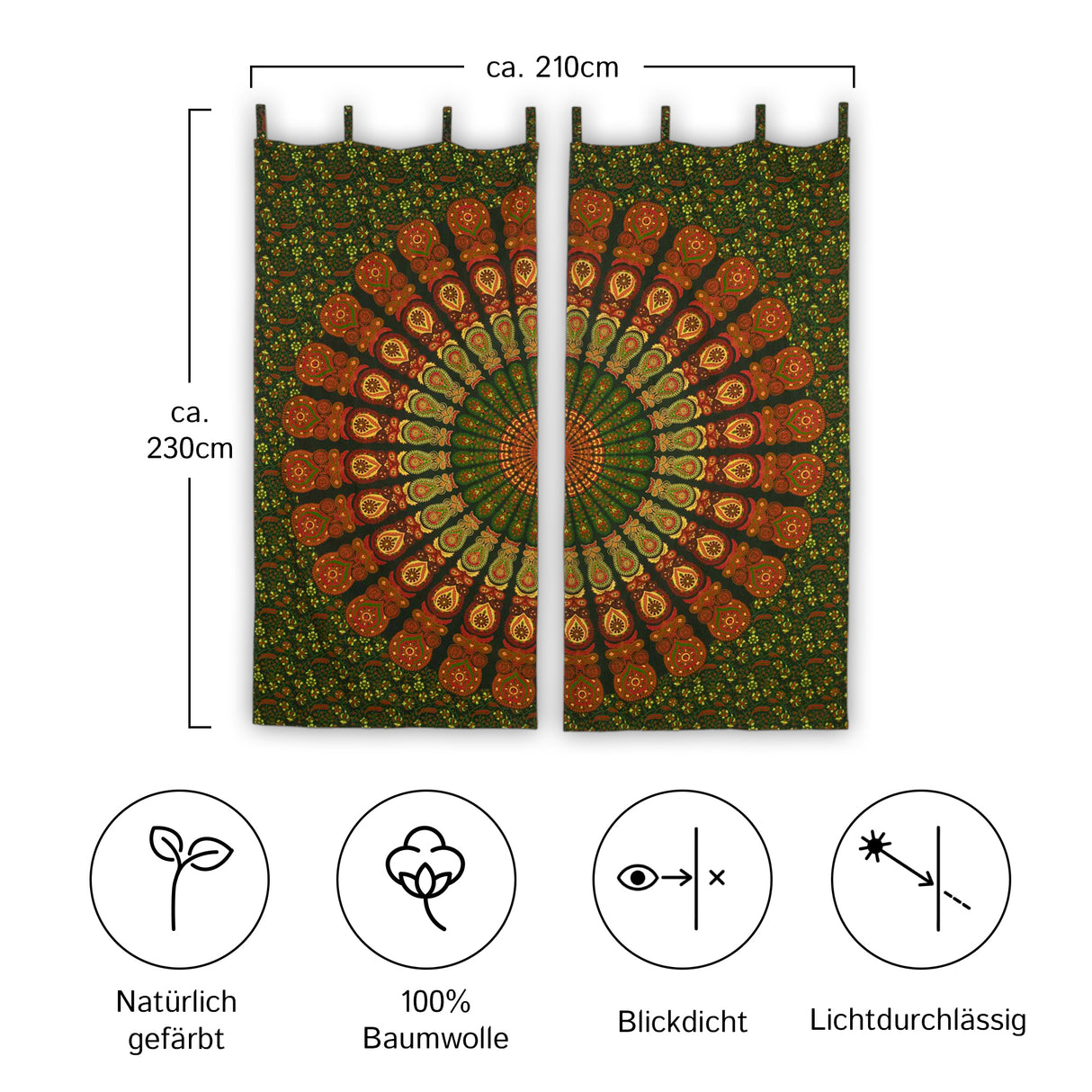 Vorhang Pfauenfeder Mandala grün orange - 2-teilig